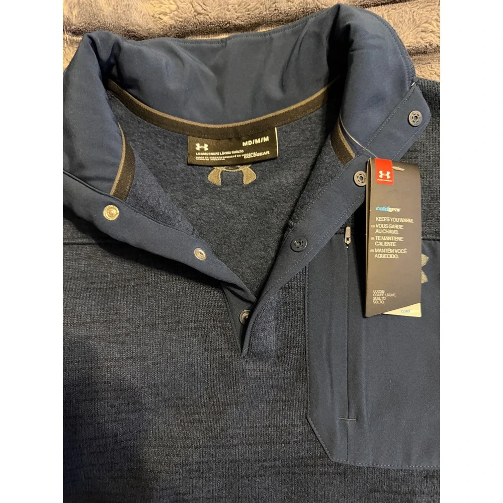 Under Armour ColdGear Mens Sweater Fleece Snap Mock Neck Pullover Navy Blue MD